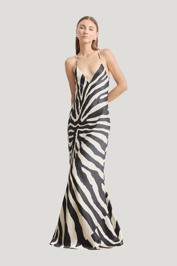 Satin Slinky Cowl Back Gown - Abstract Zebra — model front