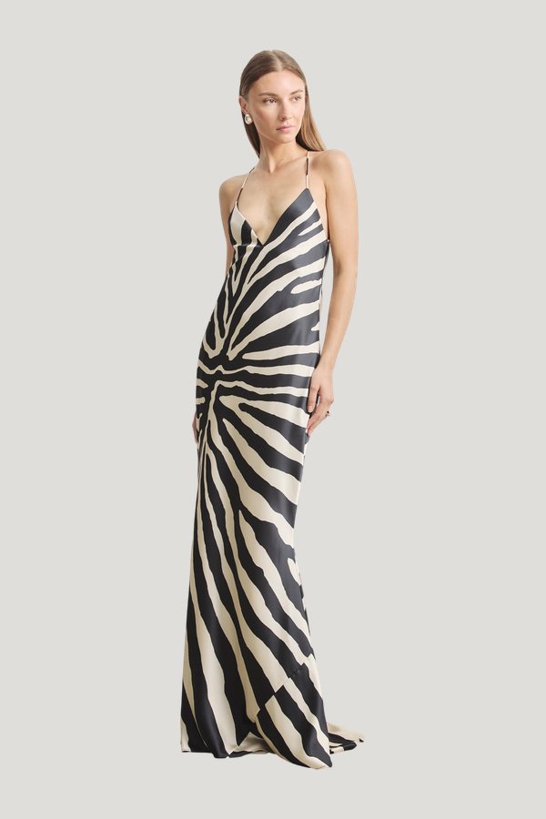 Satin Slinky Cowl Back Gown - Abstract Zebra — model side