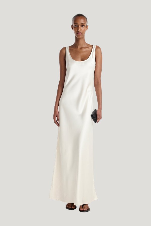 Scoop neck satin dress — model front
