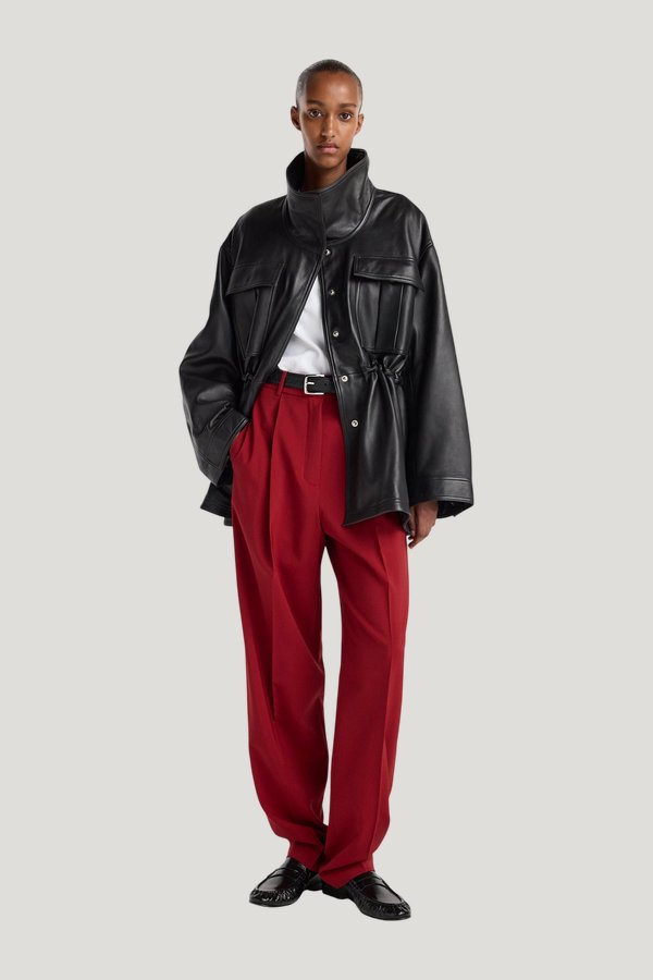 Sculptural leather jacket — model front