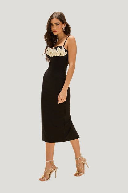 Selene Mesh Flower Applique Midi Dress — model side