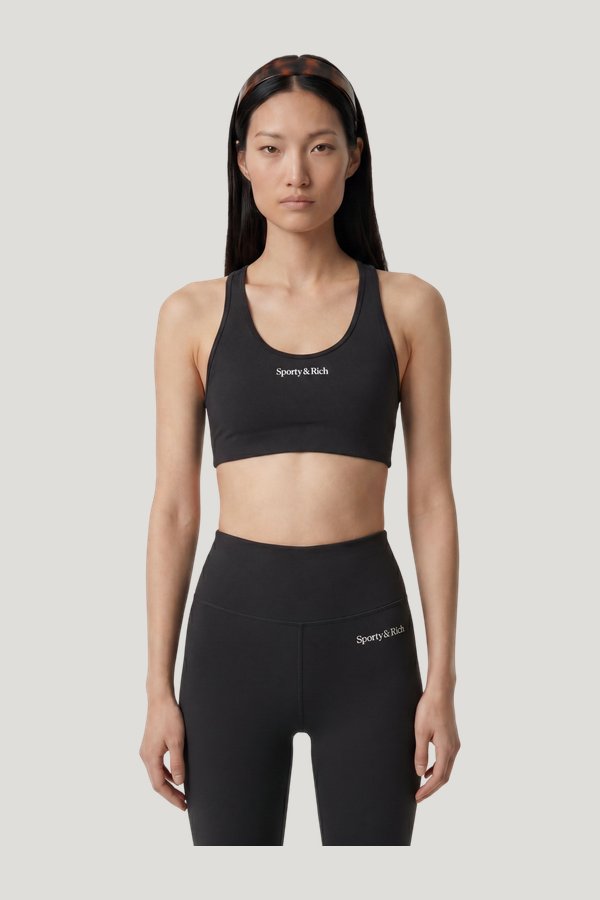 Serif Logo Sports Bra - Carbon — model side