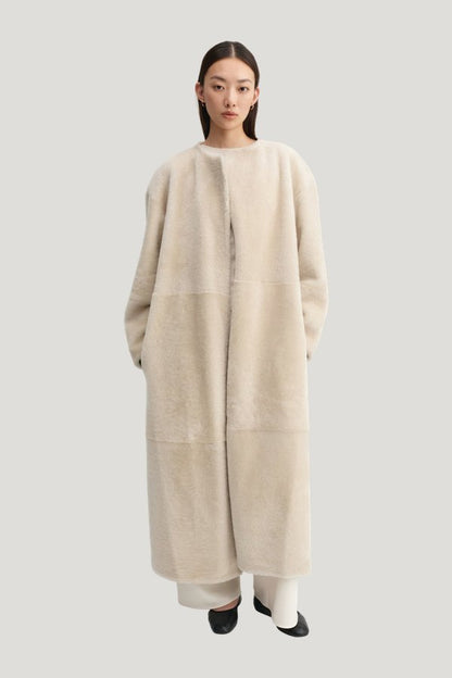 Shea Shearling Coat, vanilla — model front