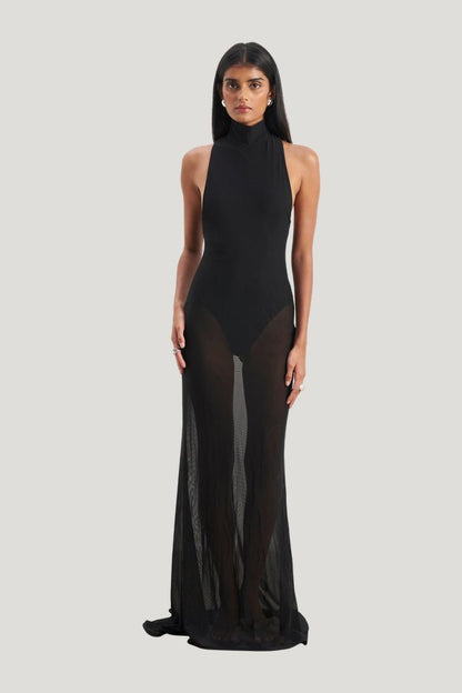 Sheer High Neck Racerback Gown — model front
