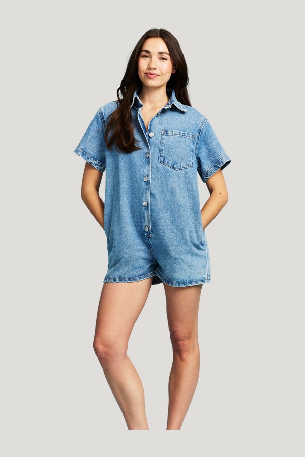 Short Sleeve Denim Romper - Vintage Wash — model front