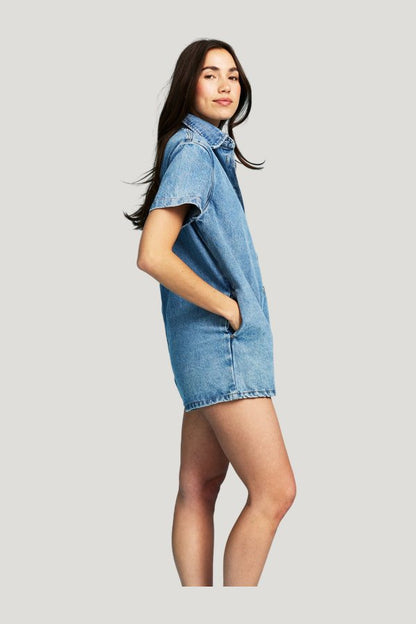 Short Sleeve Denim Romper - Vintage Wash — model side