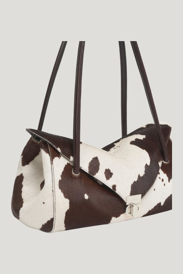 White and brown cow-print ponyhair E/W shoulder bag — extra