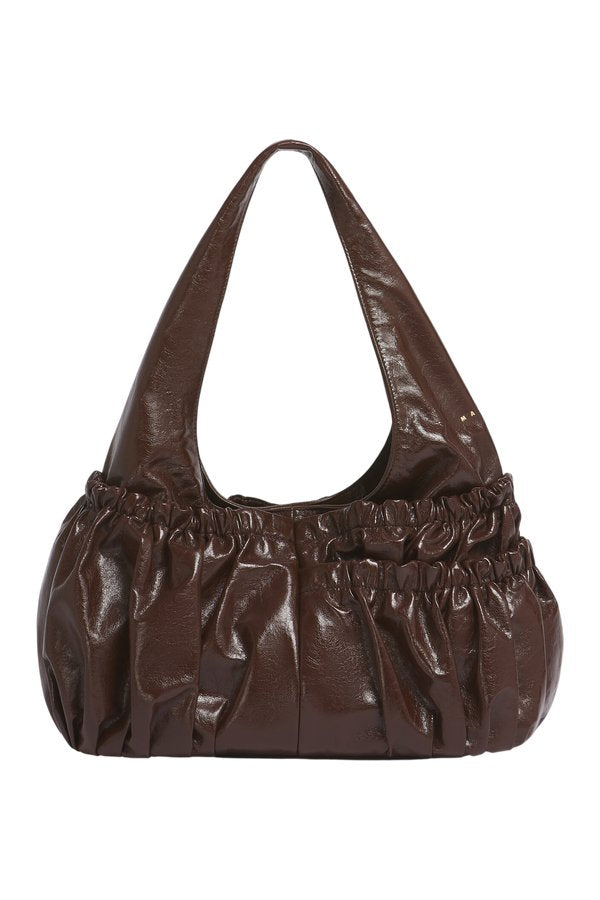 Brown leather gathered hobo bag — packshot