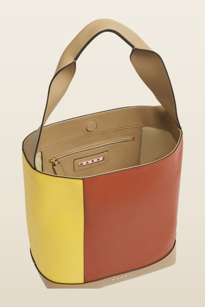 Yellow, brown and taupe leather Pod 2.0 bag — model back