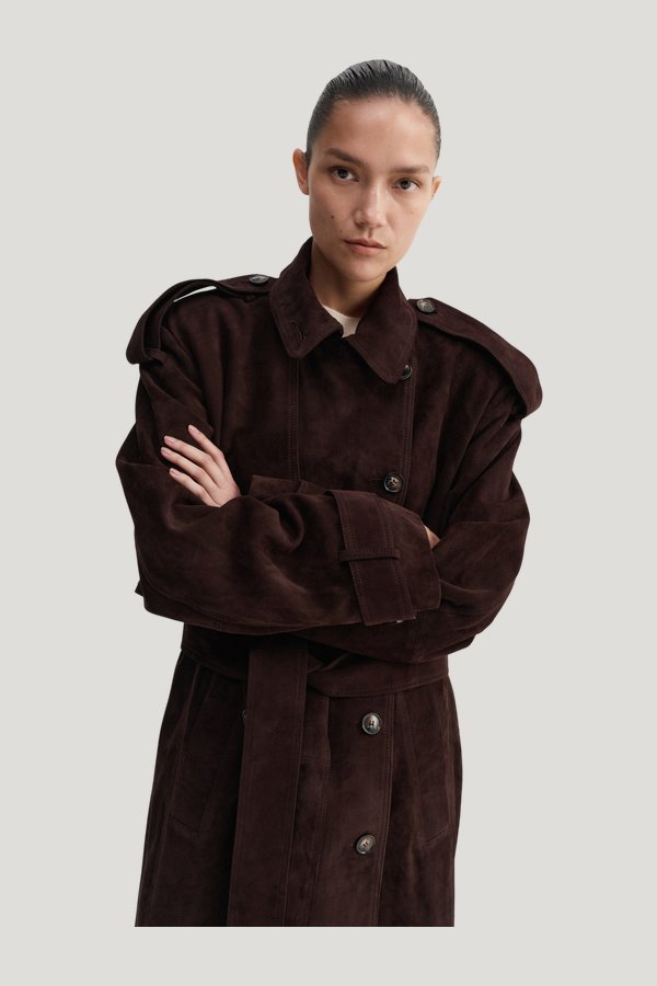 Sienna Suede Trench Coat, — model side