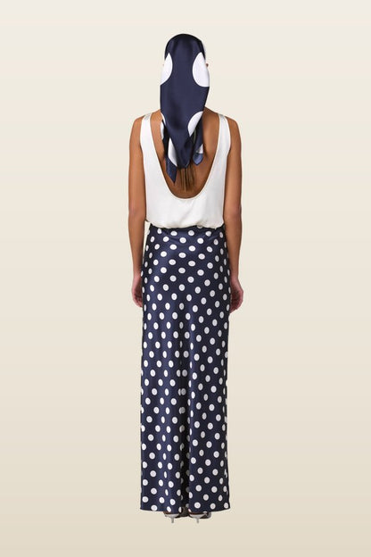 Silk Maxi Skirt (Navy Polka Dot) — model back