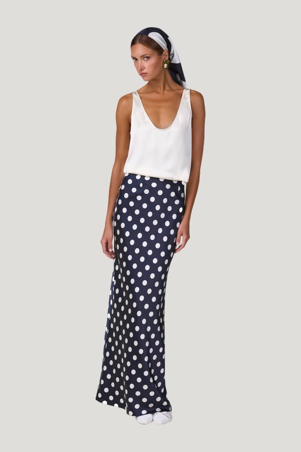 Silk Maxi Skirt (Navy Polka Dot) — model front