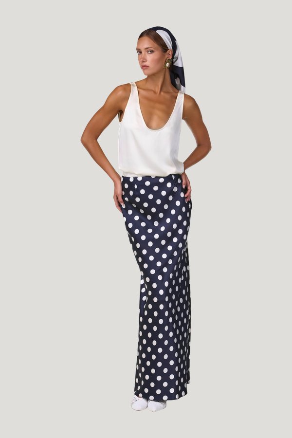 Silk Maxi Skirt (Navy Polka Dot) — model side