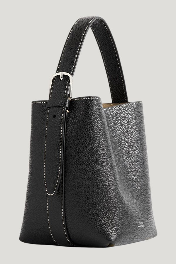 Small belted grained-leather tote — model front