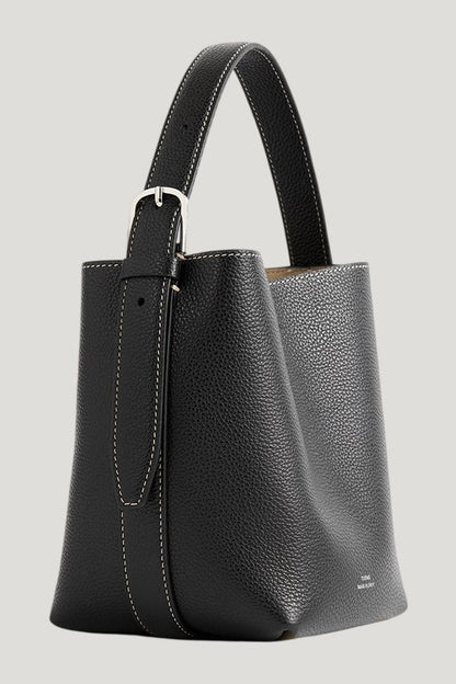Small belted grained-leather tote — model front