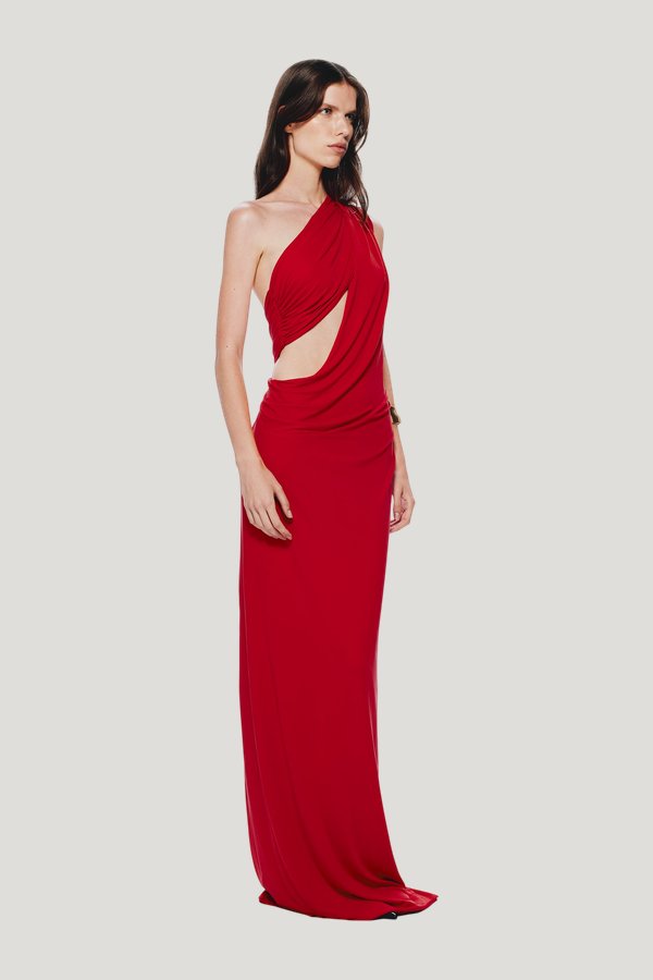 The Solstice Cupro Dress — model side