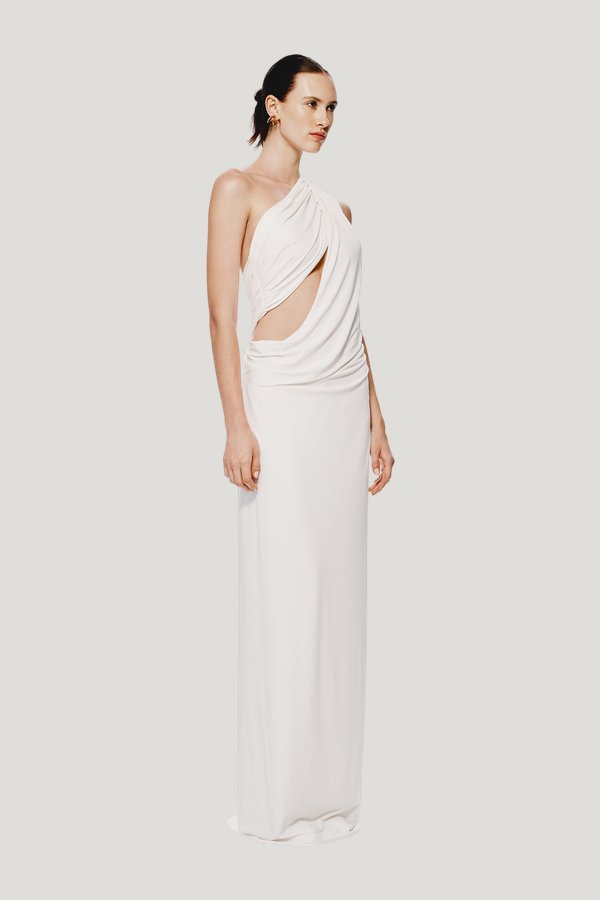 The Solstice Cupro Dress — model side