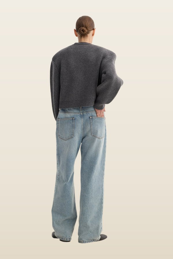 Statement shoulder cardigan | mid grey melange — model back