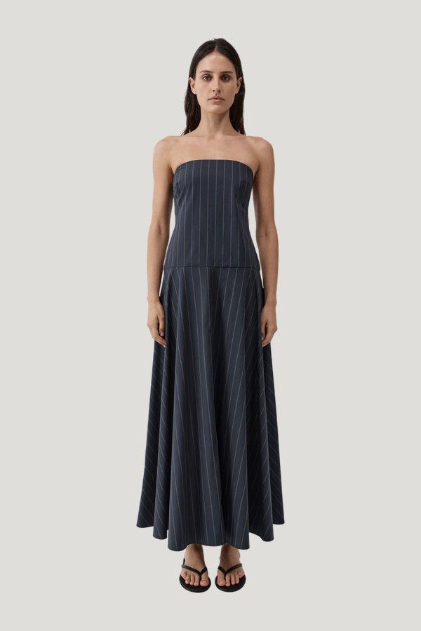 Strapless Rouleau Dress - Ink Stripe — model front