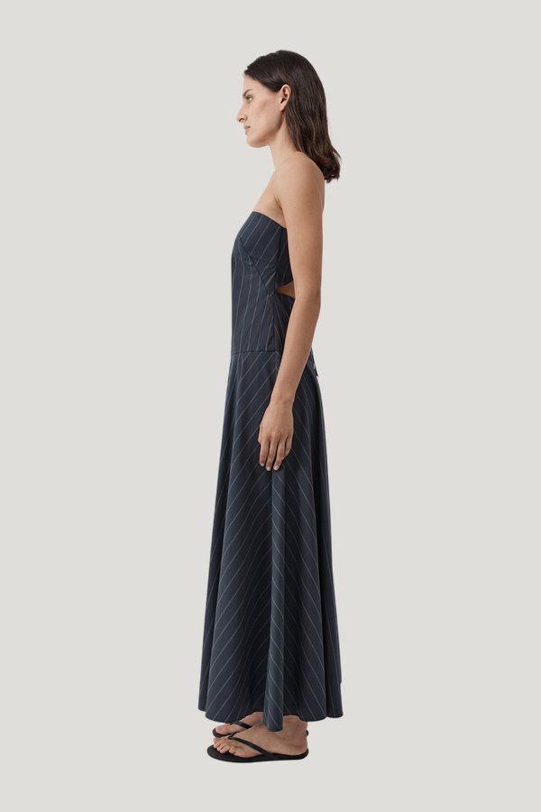 Strapless Rouleau Dress - Ink Stripe — model side