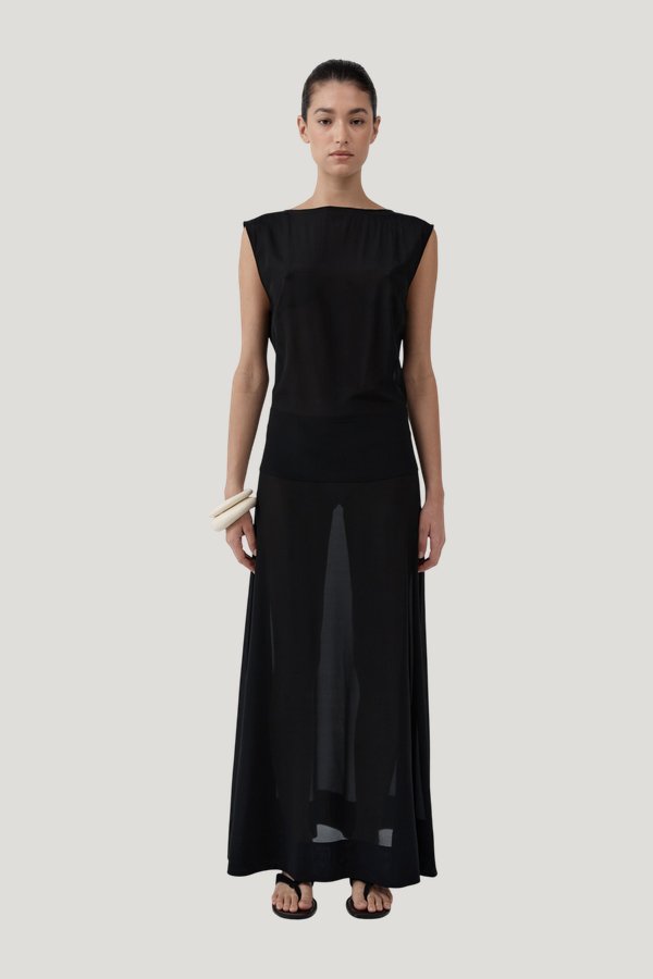 Stretch Silk Bateau Dress — model front