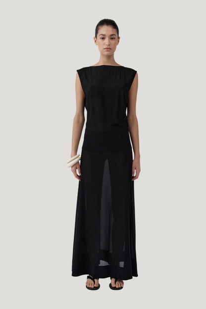 Stretch Silk Bateau Dress — model front