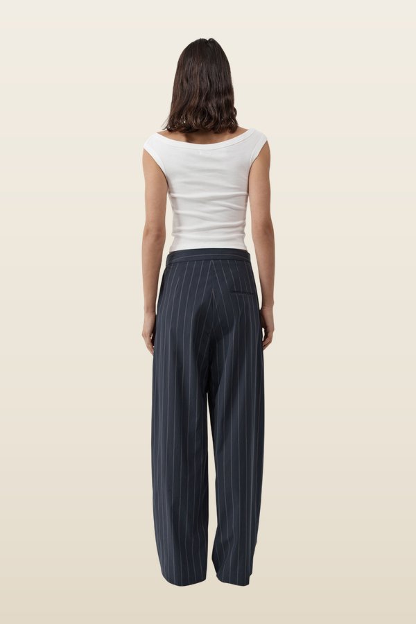 Stripe Relaxed Pleat Pants - Ink Stripe — model back