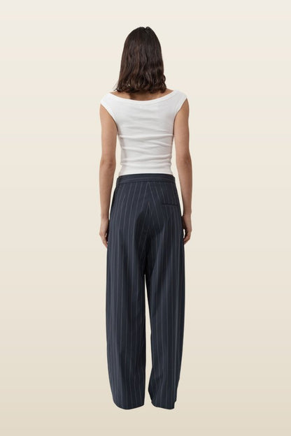 Stripe Relaxed Pleat Pants - Ink Stripe — model back