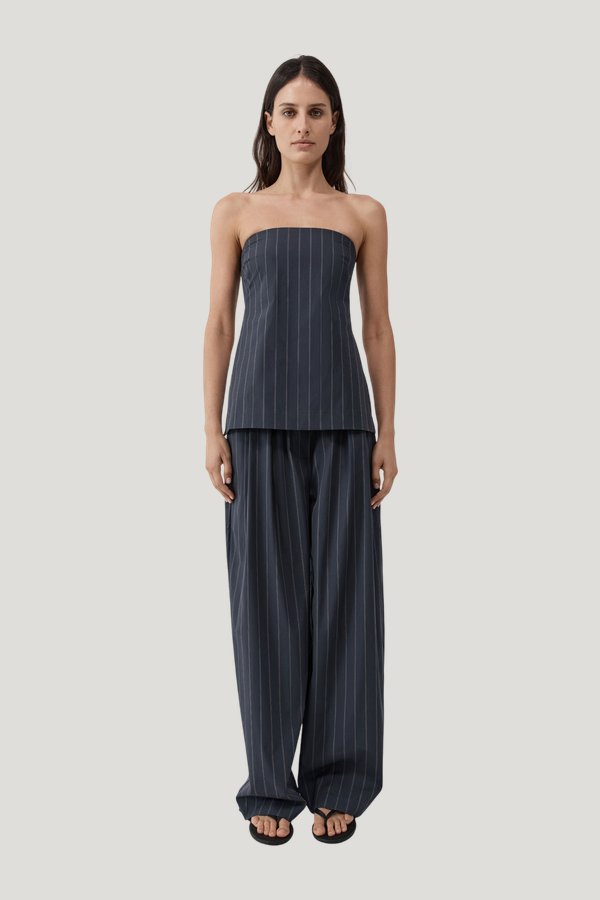 Stripe Relaxed Pleat Pants - Ink Stripe — model front