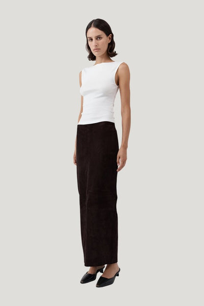 Suede Column Skirt - Coffee — model side