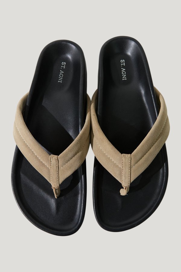 Suede Stitch Detail Thong Slide - Rock — model front