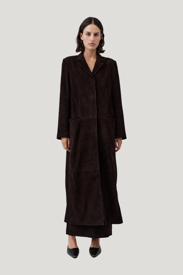 Suede Tailored Coat - Coffee — model front