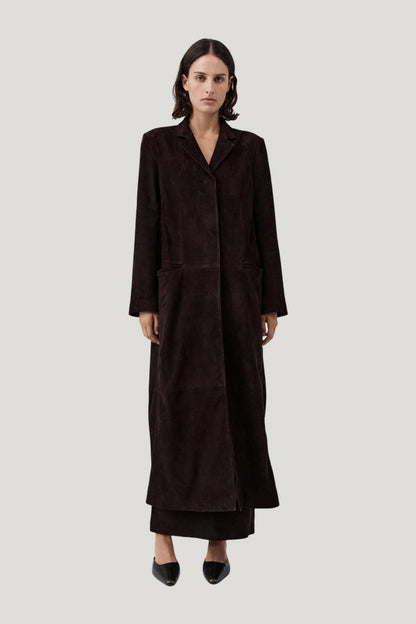Suede Tailored Coat - Coffee — model front