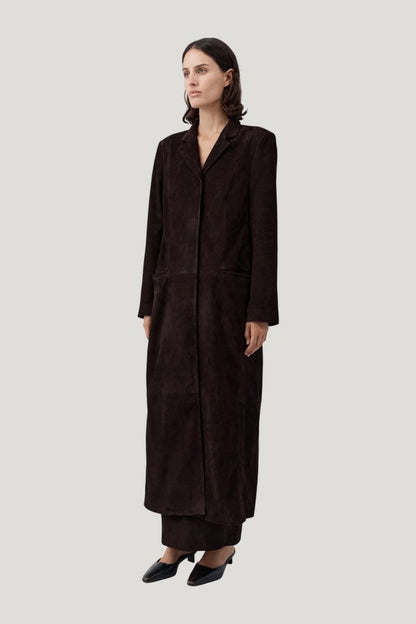 Suede Tailored Coat - Coffee — model side