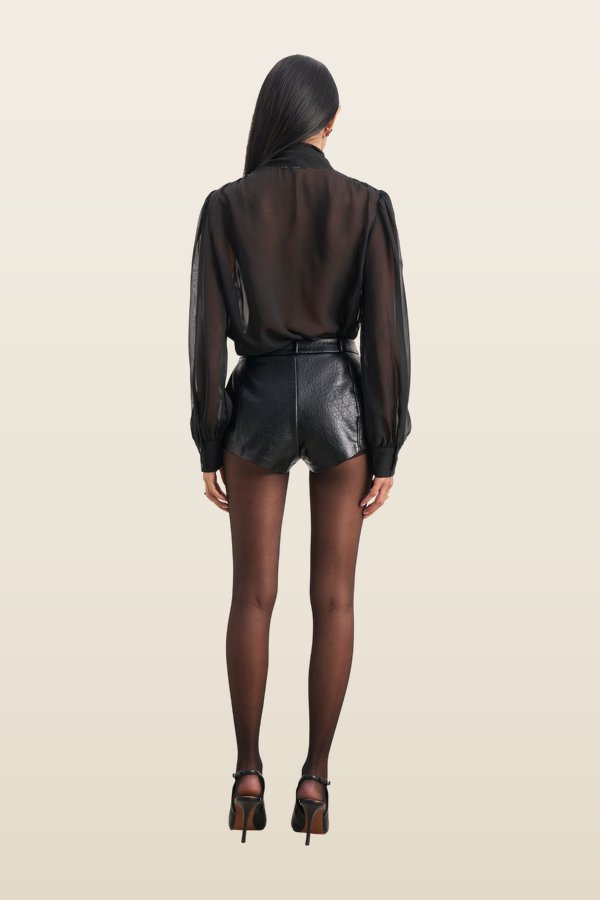 Tailored Leather Micro Shorts — model back