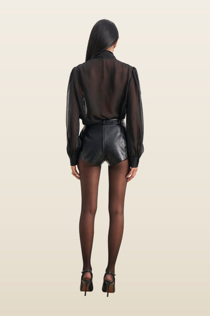 Tailored Leather Micro Shorts — model back