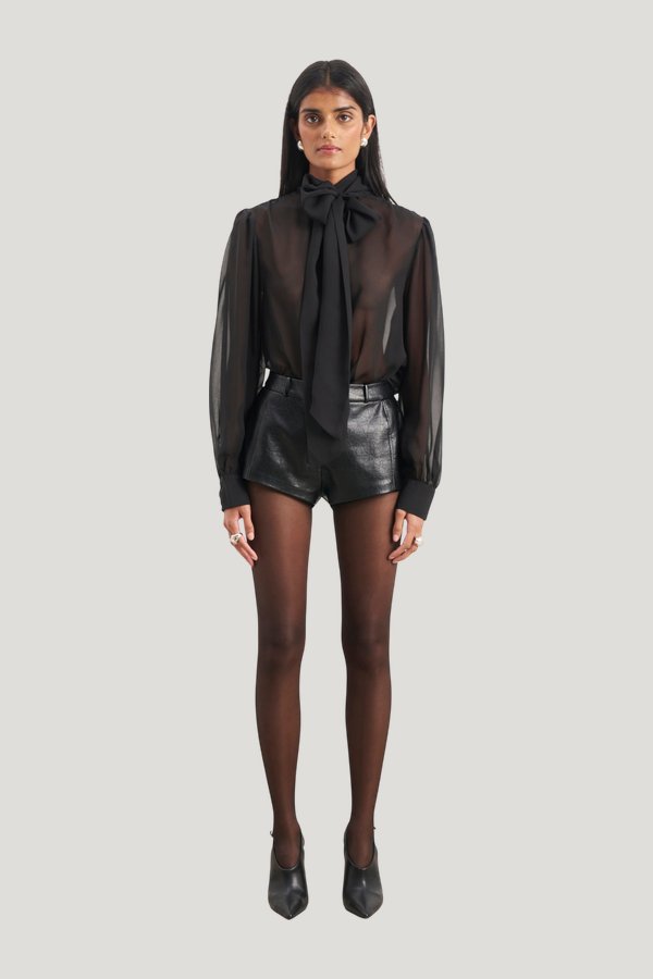 Tailored Leather Micro Shorts — model front