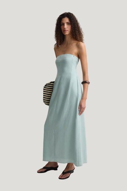 The Bandeau Dress Teal — model side