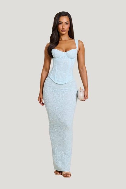 The Cinched Lace Corset Maxi Set — model front