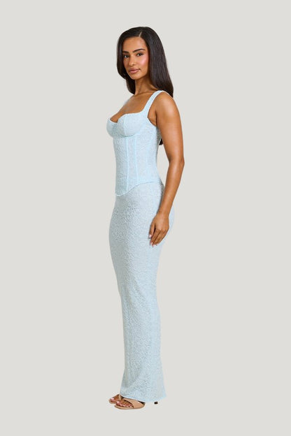 The Cinched Lace Corset Maxi Set — model side