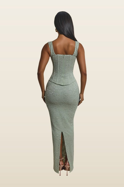 The Cinched Lace Corset Maxi Skirt Set — model back