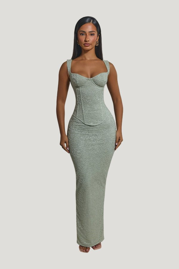 The Cinched Lace Corset Maxi Skirt Set — model front