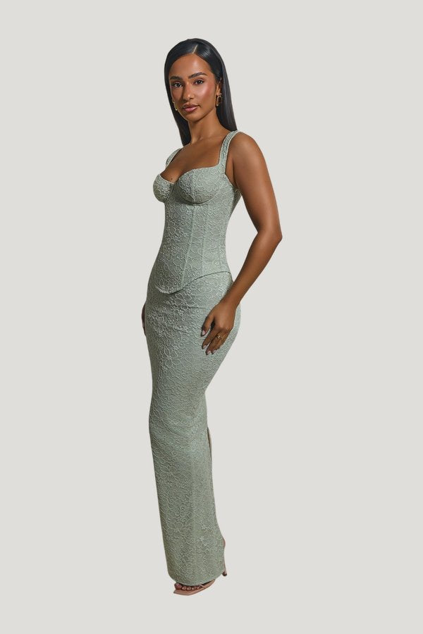 The Cinched Lace Corset Maxi Skirt Set — model side
