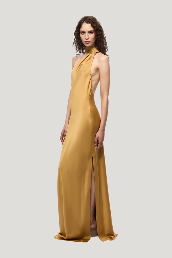 The Nicolette Satin Dress — model side