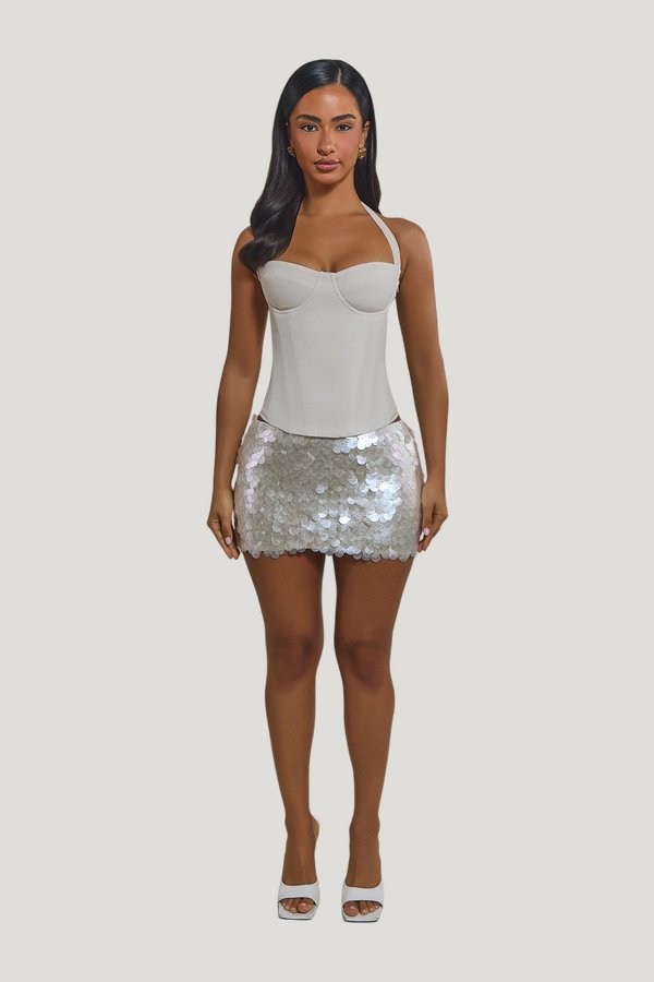 The Shimmi Sequin Micro Mini Skirt in Cream Pearl — model front