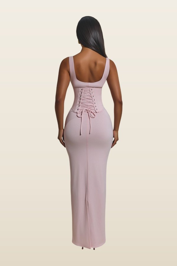 The Sandra Scoop Corset Maxi Dress in Baby — model back