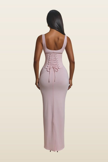 The Sandra Scoop Corset Maxi Dress in Baby — model back