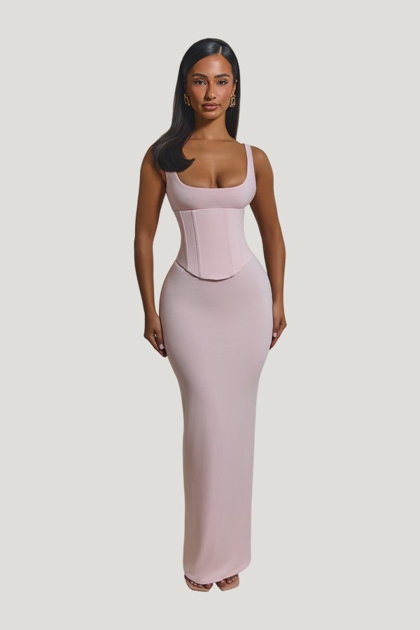 The Sandra Scoop Corset Maxi Dress in Baby — model front