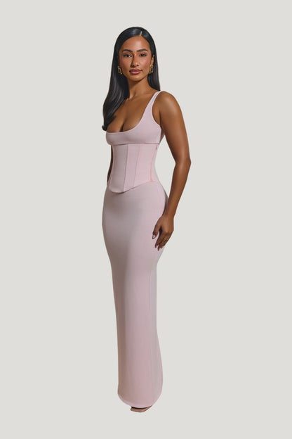 The Sandra Scoop Corset Maxi Dress in Baby — model side