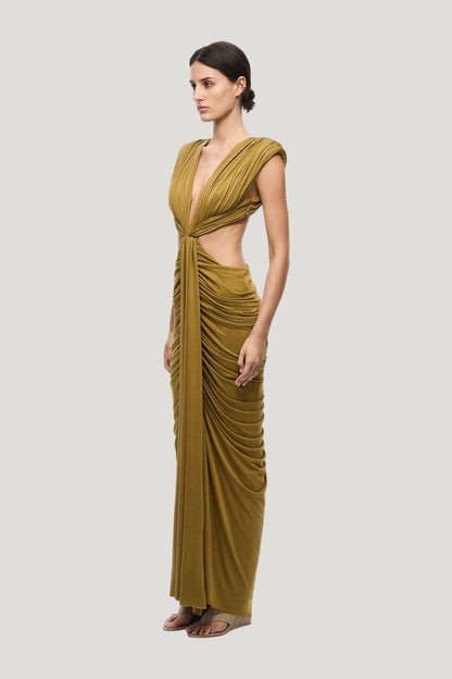 The Solacia Cupro Dress — model side